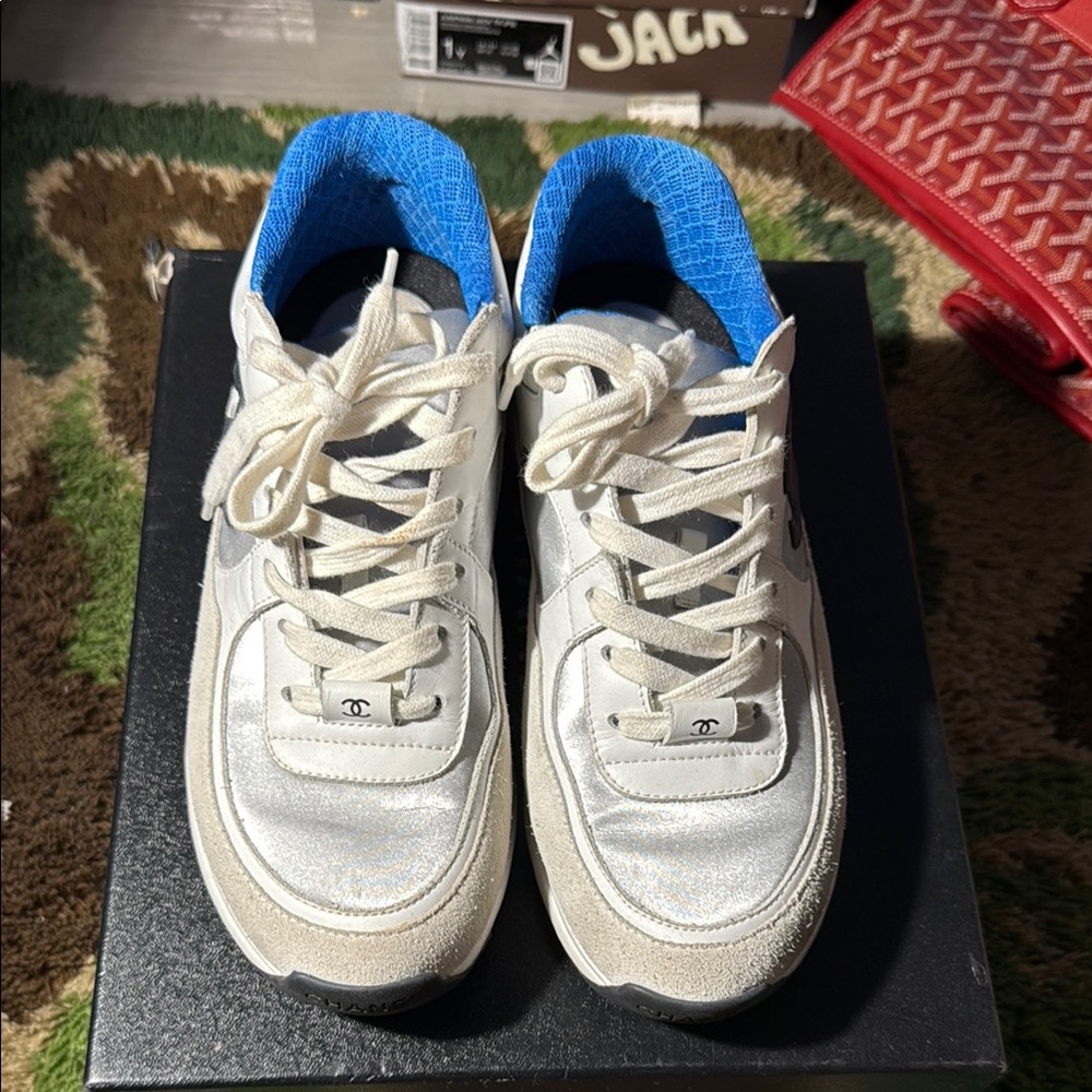 CHANEL White Sneakers with Blue Accents